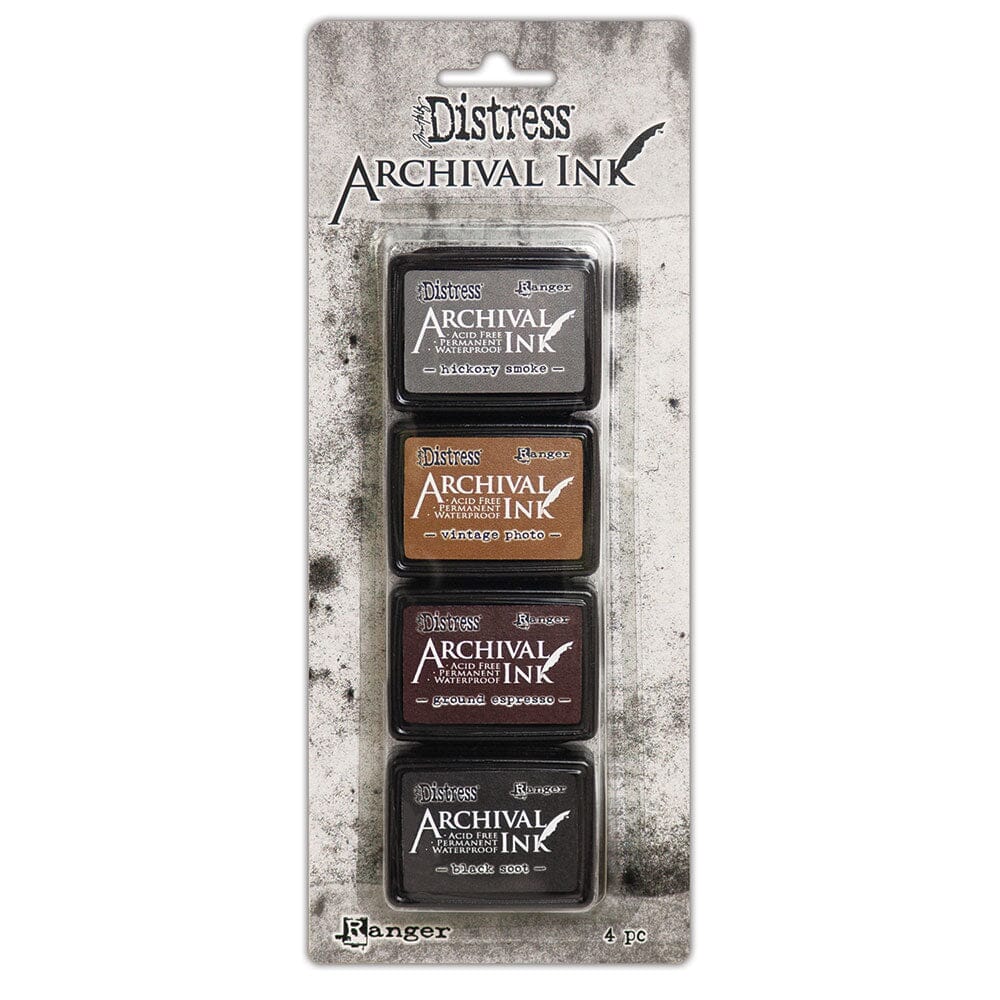 Ranger Ink Mini Stamp Pad 4-pack featuring Tim Holz Distress Inks Showing Vintage Photo, Ground Espresso, Hickory Smoke, and Black Soot inks in clear package