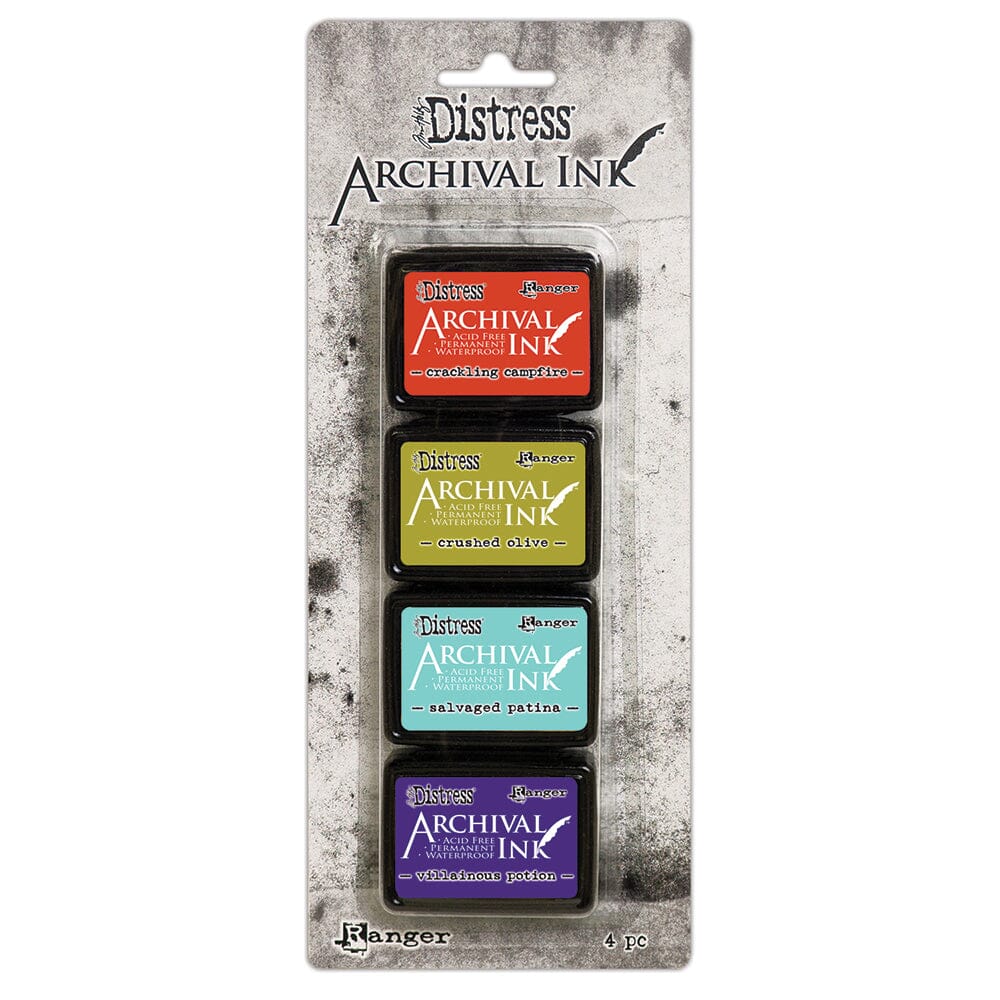 Ranger Ink Mini Stamp Pad 4-pack featuring Tim Holz Distress Inks Showing Crackling Campfire, Crushed Olive, Salvaged Patina, and Villainous Potion in clear packaging