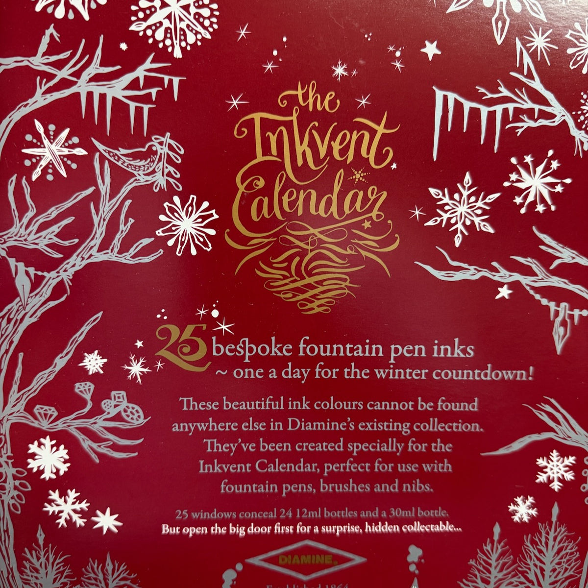 Diamine Burgundy Inkvent Calendar Reverse side showing the instructions for "25 Bespoke Fountain Pen inks"