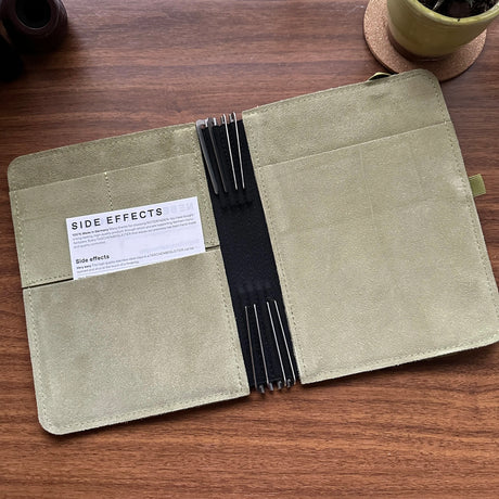 Roterfaden Taschenbegleiter LTD_020 A5 Showing Four Clips and Suede Leather Interior