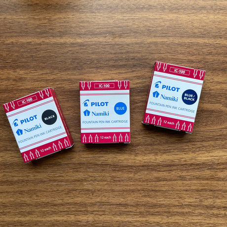 Pilot Ink Cartridges in Black, Blue and Blue-Black on Table