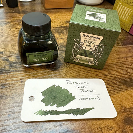 Platinum Classic Iron Gall Inks Forest Black Swatch with Bottle Label