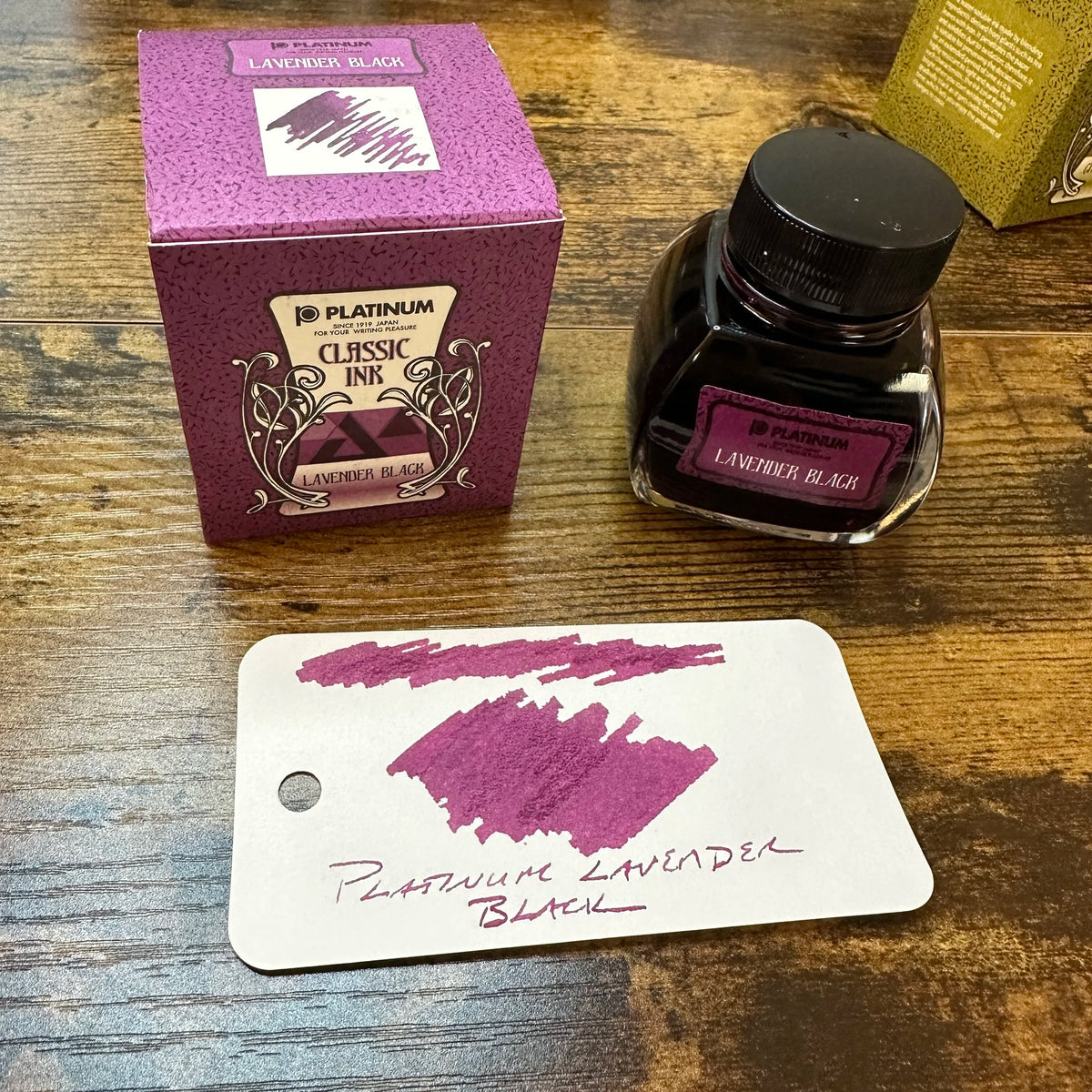 Platinum Classic Iron Gall Inks Lavender Black Swatch with Bottle Label