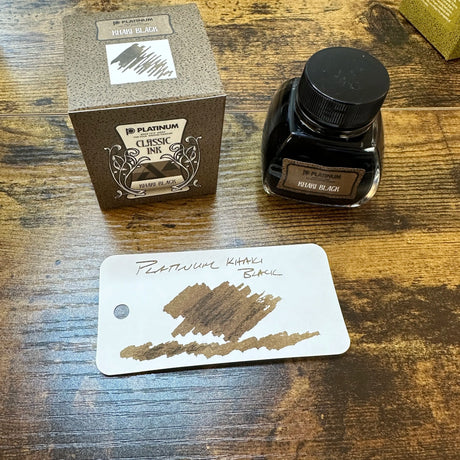 Platinum Classic Iron Gall Inks Khaki Black Swatch with Bottle Label