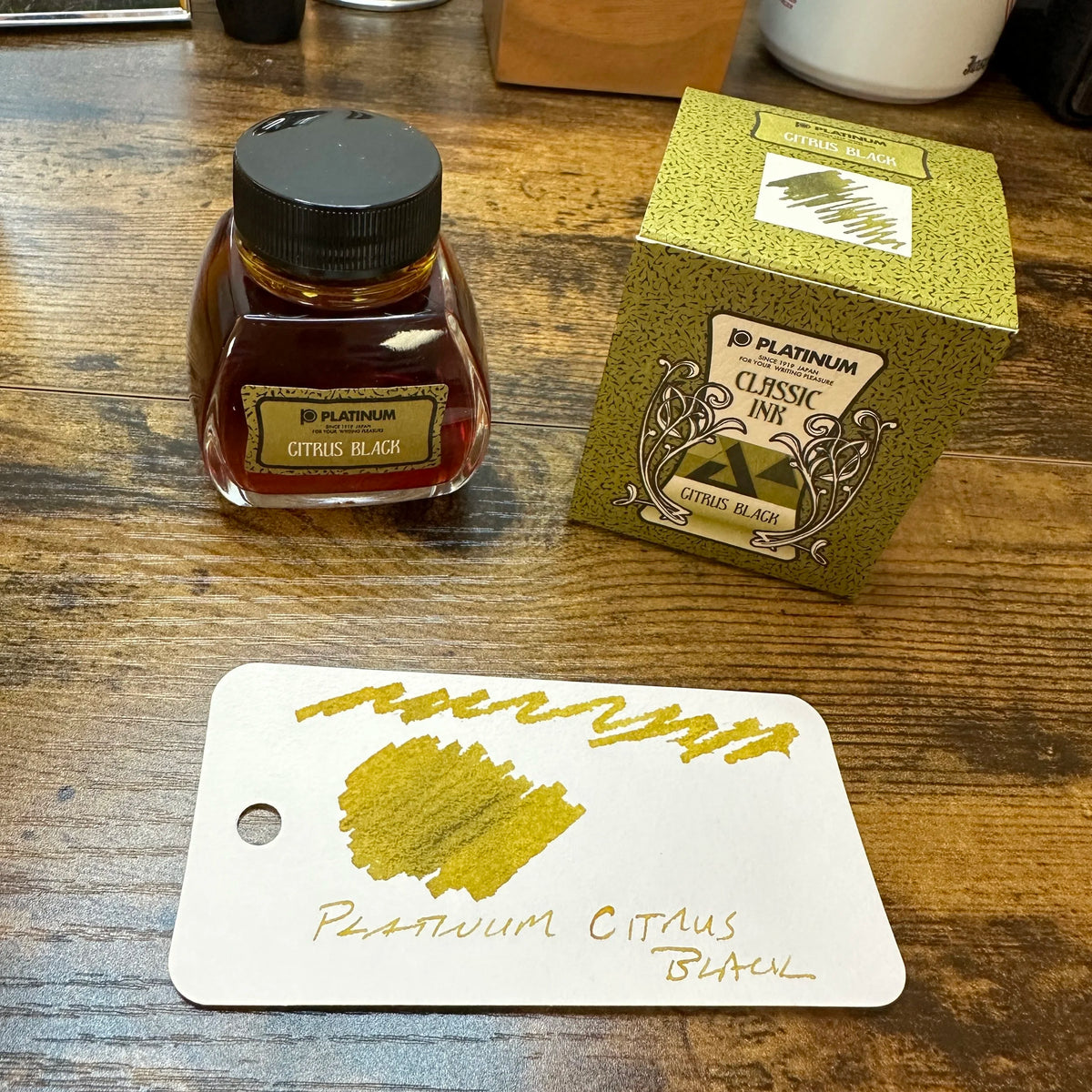Platinum Classic Iron Gall Inks Citrus Black Swatch with Bottle Label