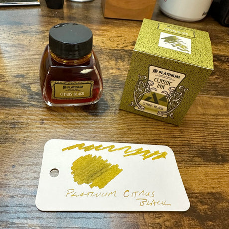 Platinum Classic Iron Gall Inks Citrus Black Swatch with Bottle Label