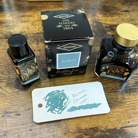 Diamine Celadon Cat Swatch with Bottles