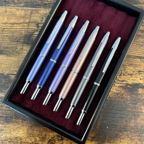 Pilot Capless Decimo Fountain Pens arrayed on tray