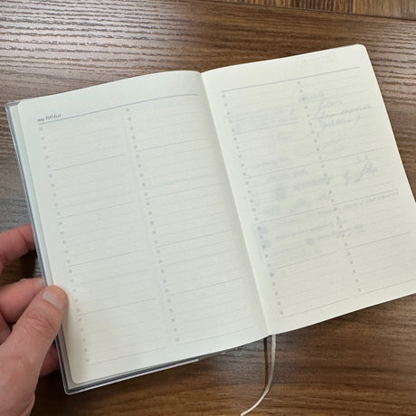 Interior spread of the NOLTY PageM Free log B6 notebook with a checklist layout labeled My 100 list.