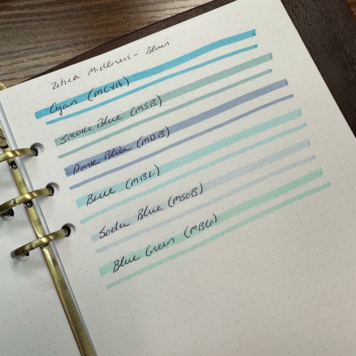 A close-up of Zebra Mildliner highligher color swatches for Cyan, Smoke Blue, Dark Blue, Blue, Soda Blue, and Blue Green.