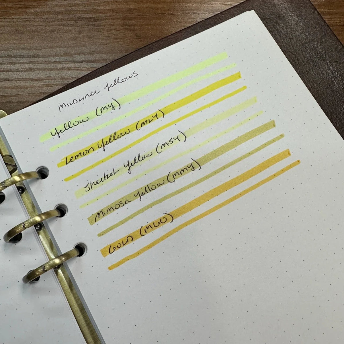 A close-up of Zebra Mildliner highligher color swatches for Yellow, Lemon Yellow, Sherbet Yellow, Mimosa Yellow, and Gold.