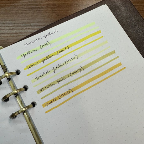 A close-up of Zebra Mildliner highligher color swatches for Yellow, Lemon Yellow, Sherbet Yellow, Mimosa Yellow, and Gold.