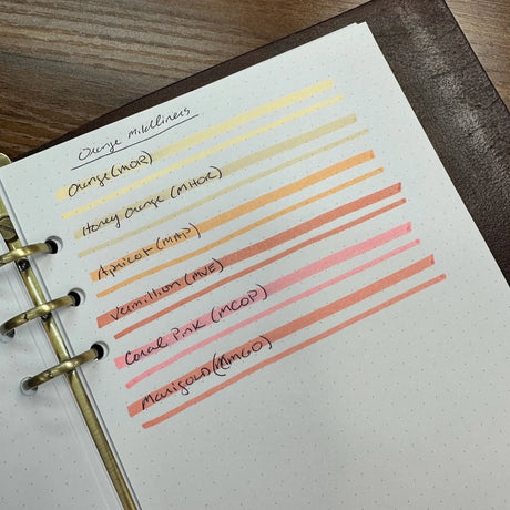 A close-up of Zebra Mildliner highligher color swatches for Orange, Honey Orange, Apricot, Vermillion, Coral Pink, and Marigold.