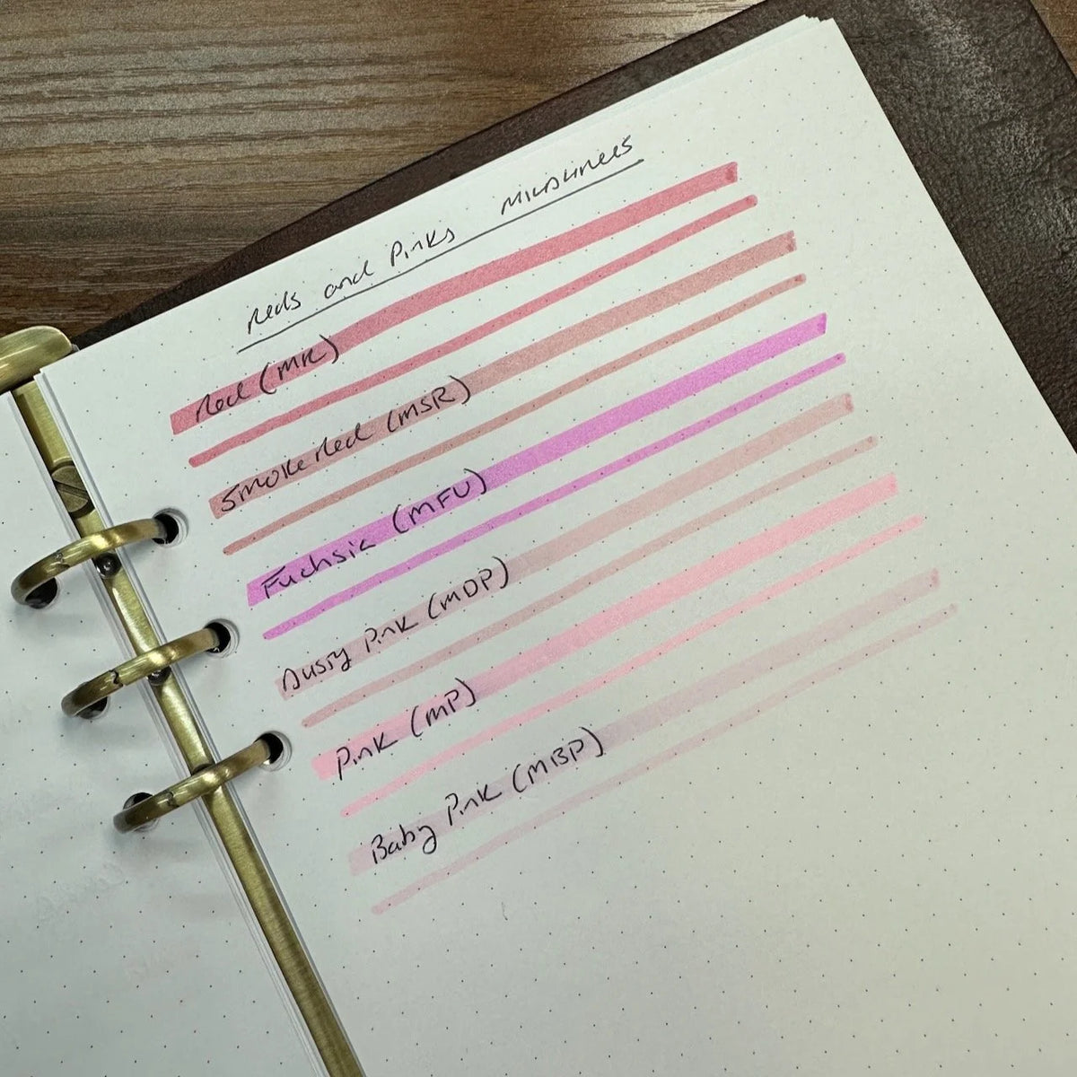 A close-up of Zebra Mildliner highligher color swatches for Red, Smoke Red, Fuchsia, Dusty Pink, Pink, and Baby Pink.