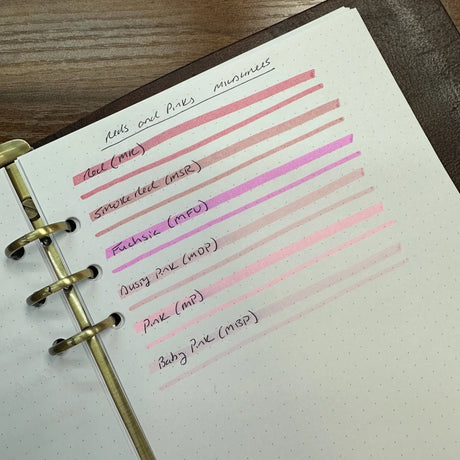 A close-up of Zebra Mildliner highligher color swatches for Red, Smoke Red, Fuchsia, Dusty Pink, Pink, and Baby Pink.