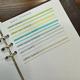 A close-up of Zebra Mildliner highligher color swatches for Green, Citrus Green, Summer Green, Moss Green, Mint, and Olive.