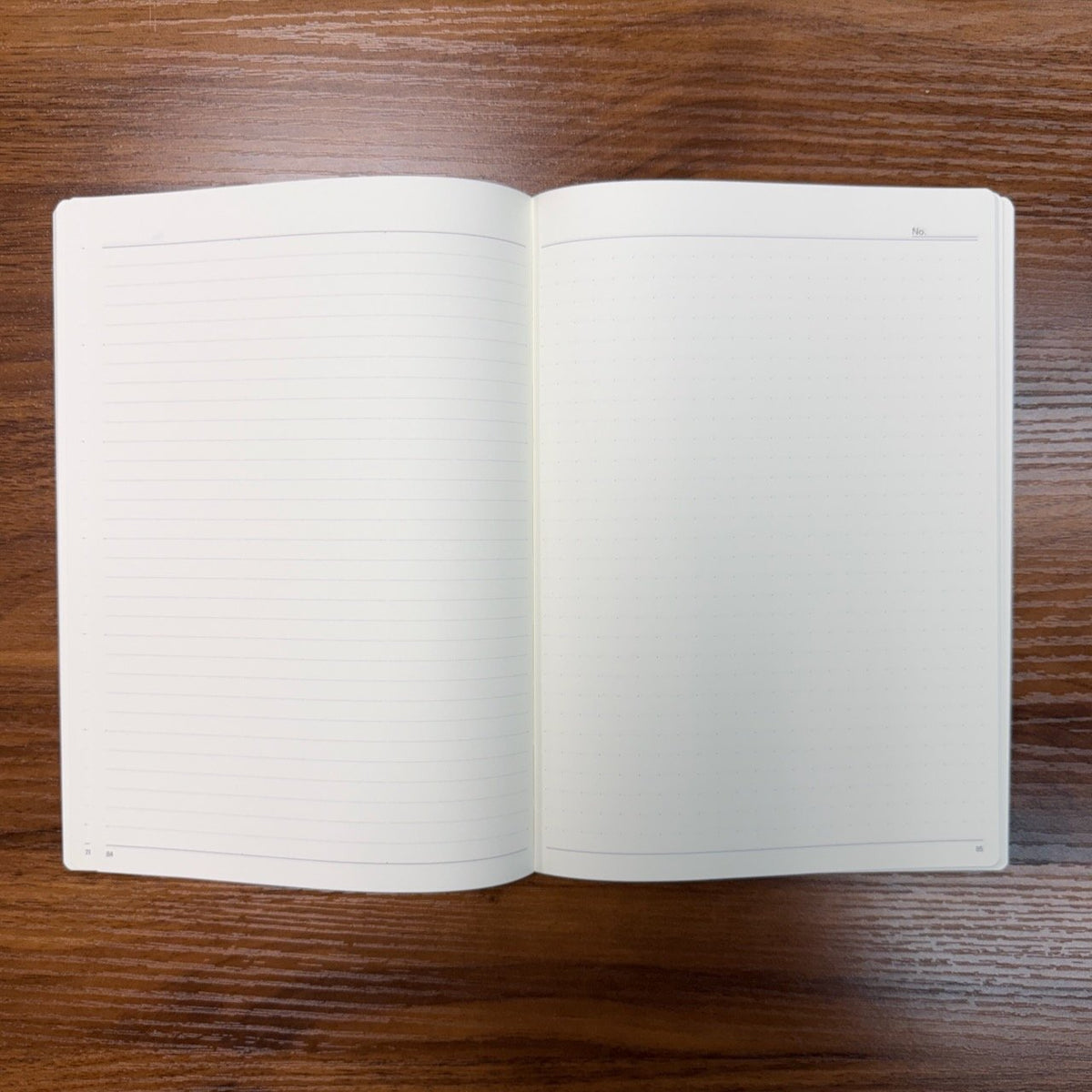 NOLTY A5 notebook Asymmetry layout with light gray lines on left page and dot grid on right page.