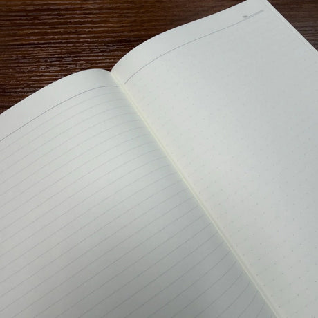 Closeup of NOLTY A5 notebook Asymmetry layout with lines on left page and dot grid on right page.
