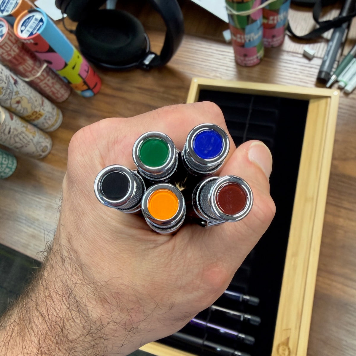 Retro 51 Classic Lacquer Tornado Rollerballs Showing Multicolor Finials in-Hand
