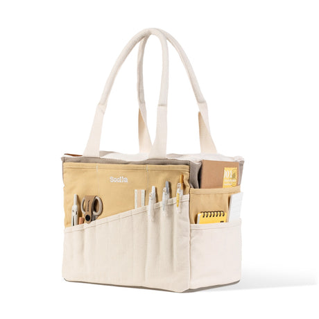 Soolla Studio Artist Bag Driftwood Front view Loaded with Stationery