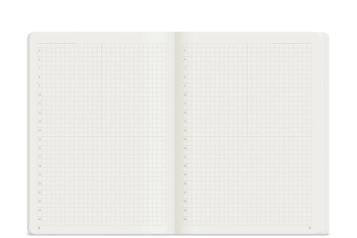 Interior of Wonderland222 B6 Notebook with grid layout, numbers from 5 to 24 on every other row down left of page, and page numbers.