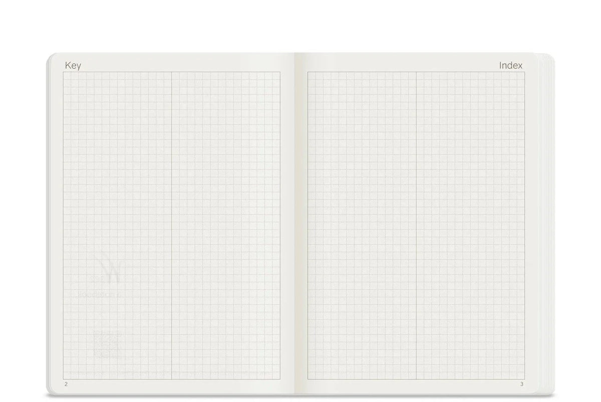 Interior of Wonderland222 B6 Notebook Key and Index pages with grid layout and page numbers.