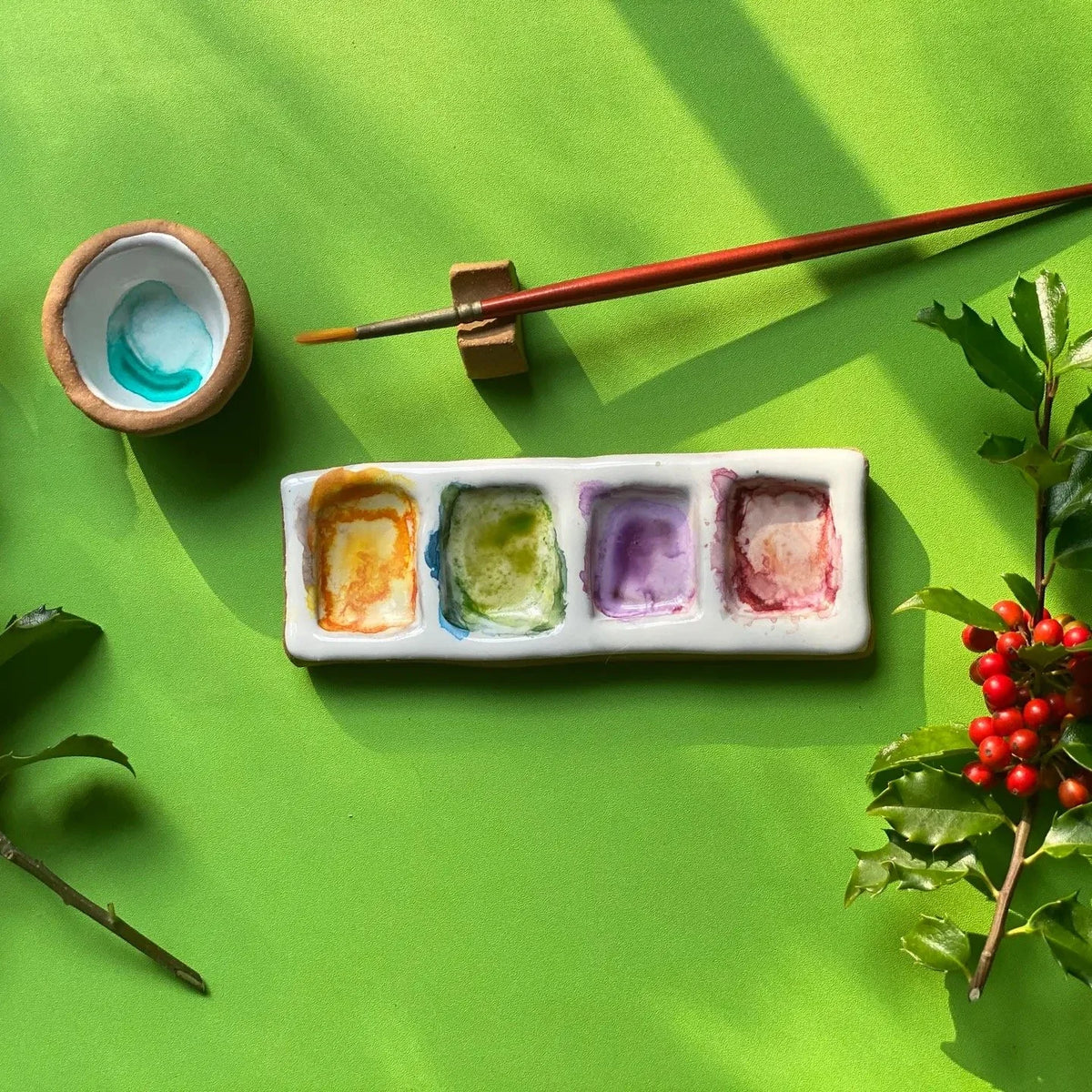 Busy Hand Studio Ceramic Paint and Ink Mixing Palettes Four Panel with Brush and paint
