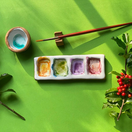 Busy Hand Studio Ceramic Paint and Ink Mixing Palettes Four Panel with Brush and paint