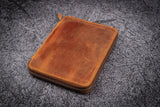 Galen Leather 10 Pen Case with A5 Notebook Crazy Horse Brown Closed on Table