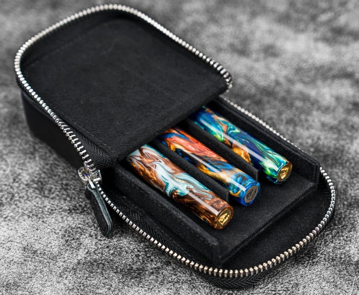 Galen Leather Magnum Opus 3-Slot Pen Case with Removable Tray (Zipper)