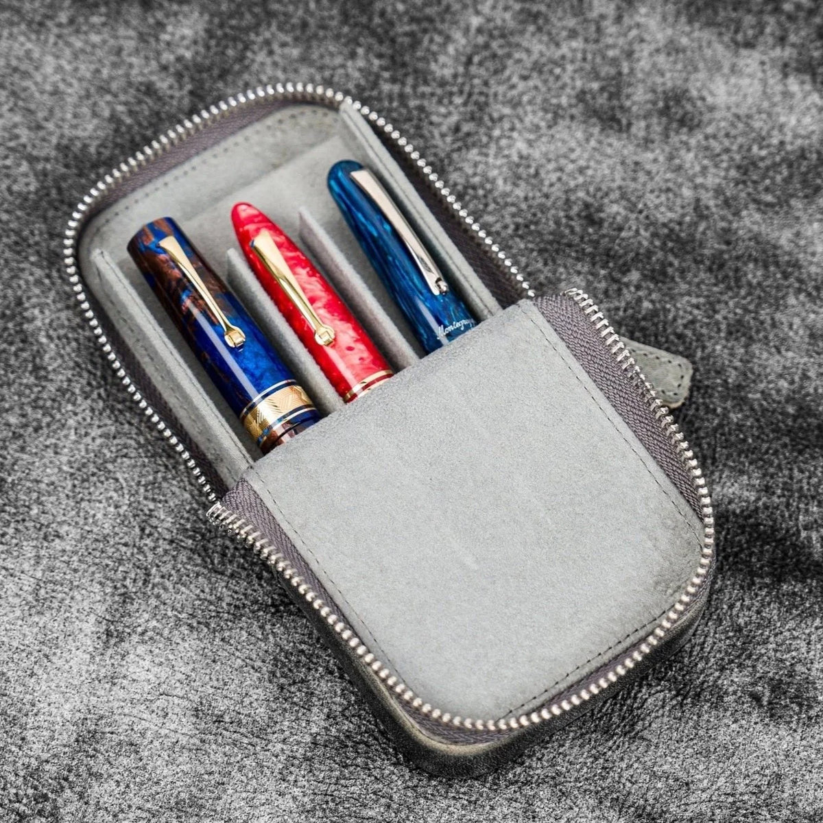 Galen Leather Magnum Opus 3-Slot Pen Case with Removable Tray (Zipper)