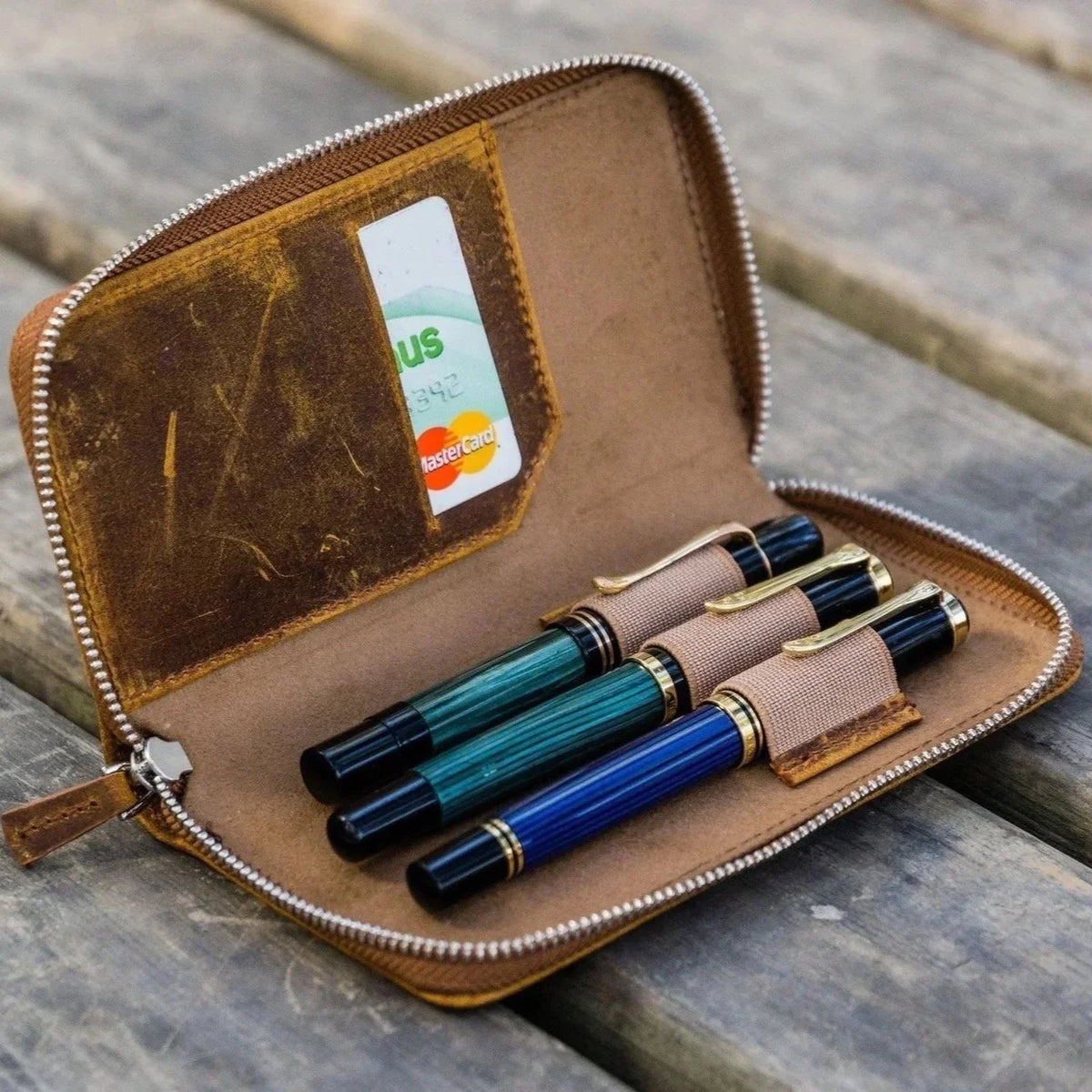 Galen Leather Zippered 3-Slot Pen Case