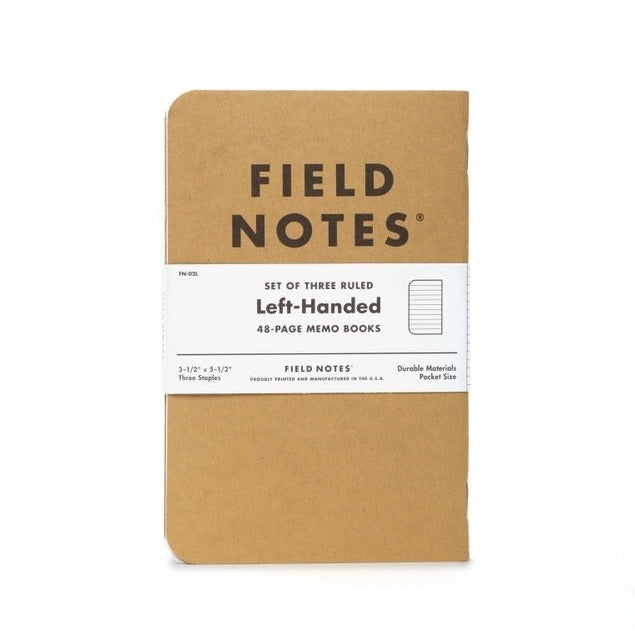 A set of three Field Notes 48 page pocket notebooks with kraft paper covers, Left-Handed ruling.