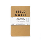 A set of three Field Notes 48 page pocket notebooks with kraft paper covers, Left-Handed ruling.