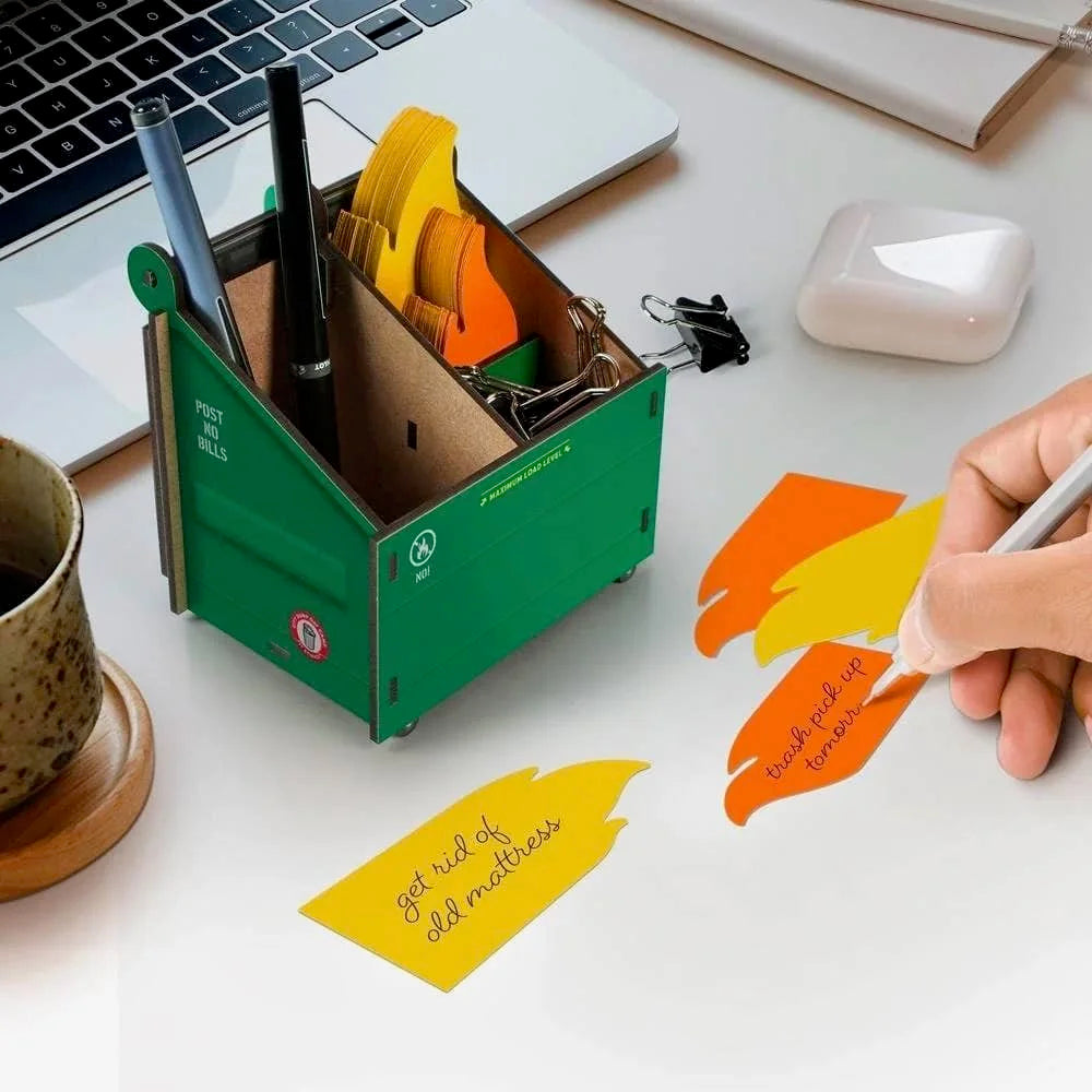 Fred & Friends Desk Dumpster Desk Caddie with Fire Notecards showing someone writing notes