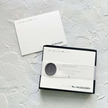 Belle & Union Boxed Notes White paper featuring a fountain pen with an ink blot