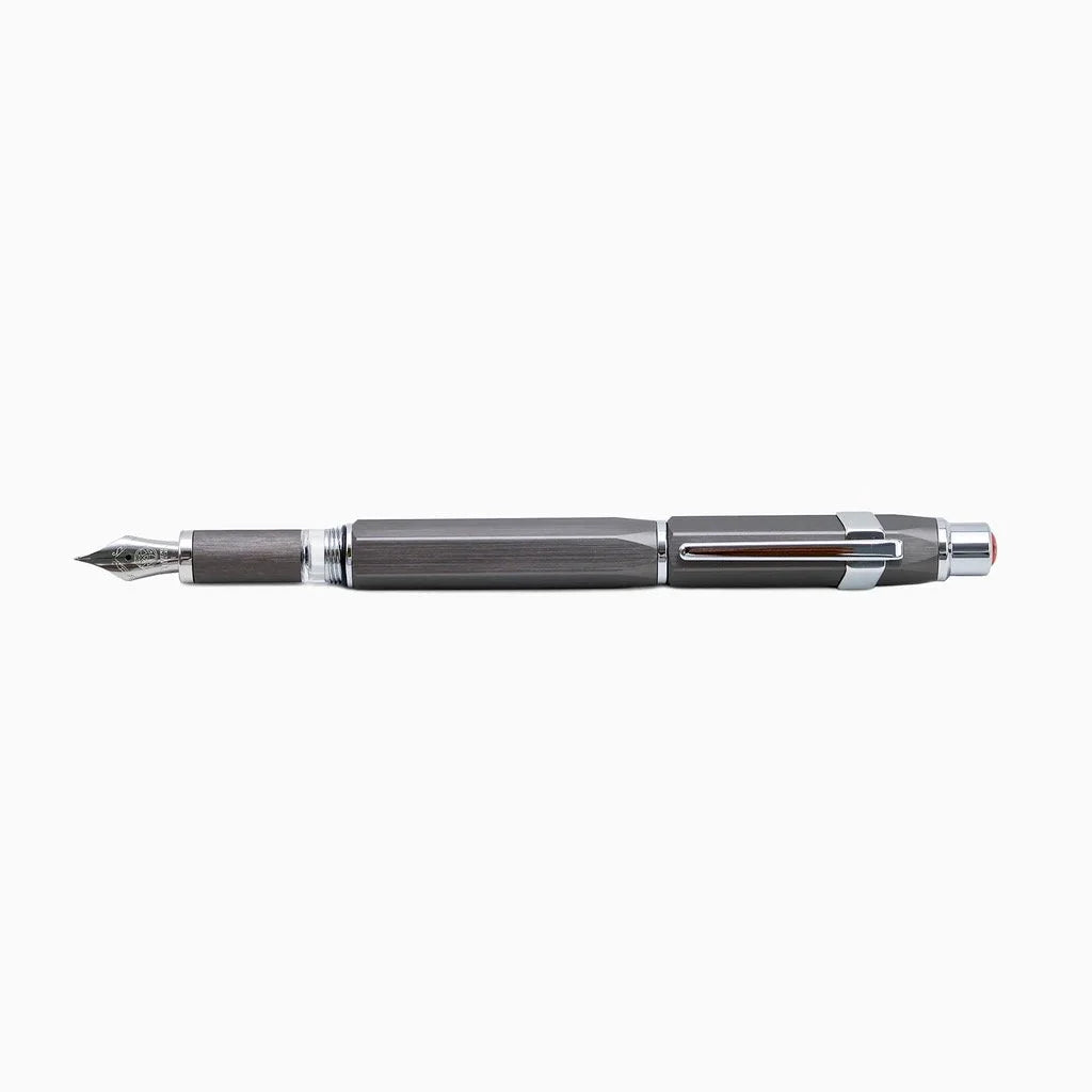 Gunmetal Gray TWSBI Precision Fountain pen Posted with multiple attachments on a white background