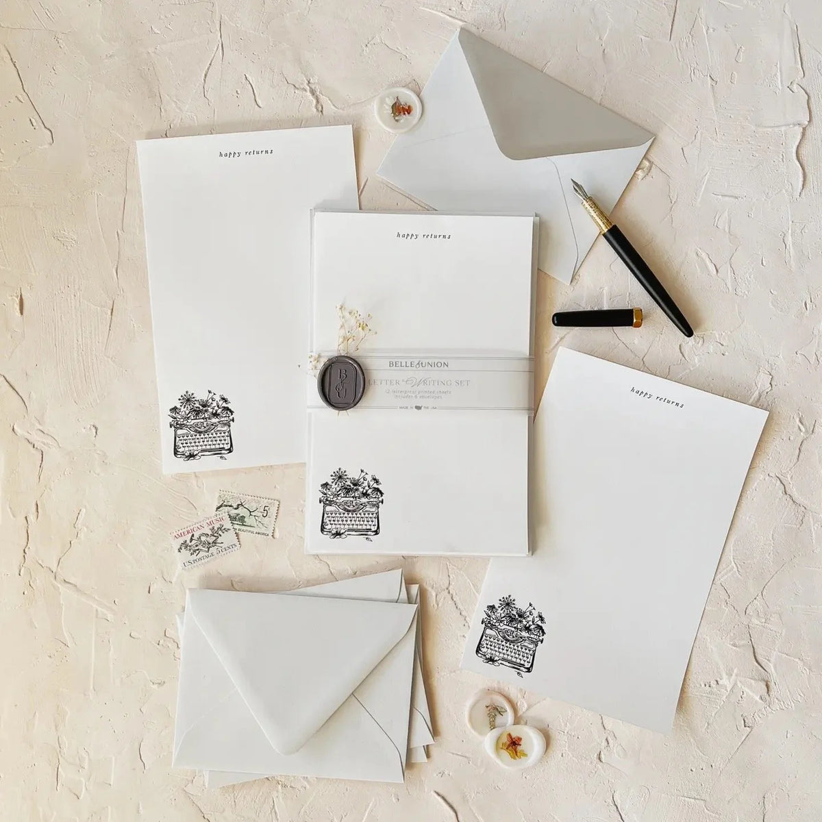Belle & Union Letter writing kits featuring paper and envelopes with various icons