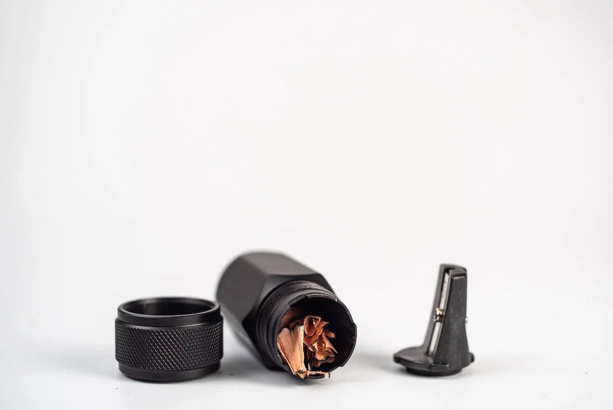 Blackwing One-Step Sharpener Open showing shavings