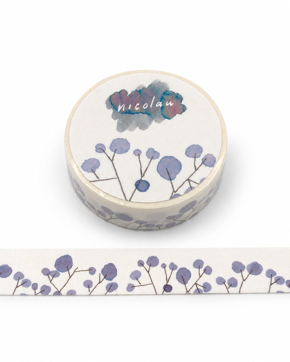 Washi sample and roll with a design of straight stems with purple dots like leaves on a light background, created with fountain pen ink.