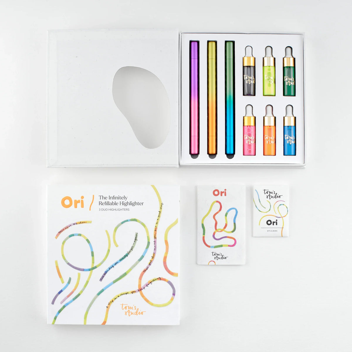 Tom's Studio Ori Refillable Highlighters Three Pen Set and Ink Bottles