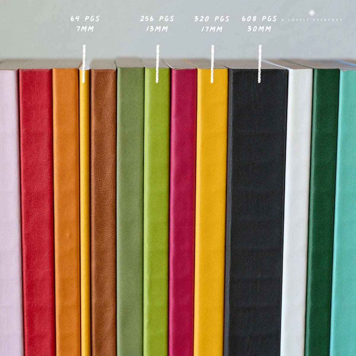 A Lovely Everyday notebooks arrayed on shelf in a range of thicknesses comparing how thick the various spines are in multiple page counts of 64, 256, 320, and 608 Pages
