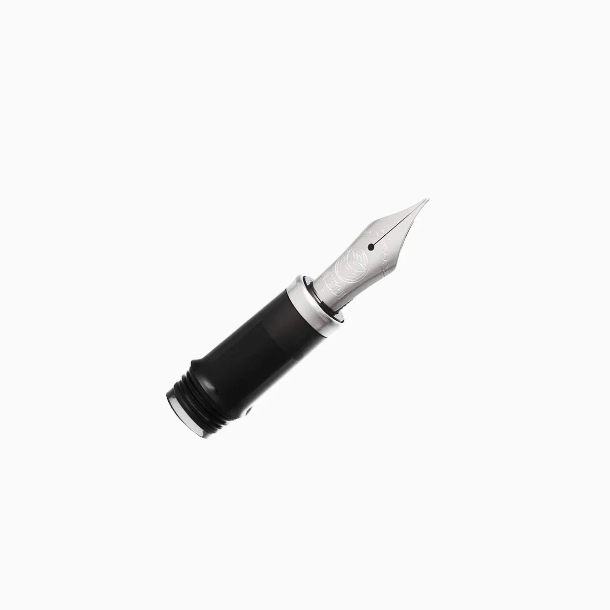 A close-up of a TWSBI Vac700R fountain pen nib and part of the black grip on a plain white background.