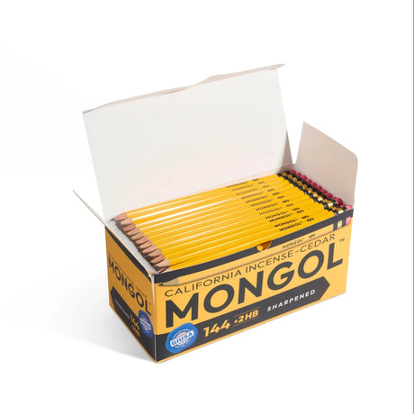 Mongol #2 Woodcase pencils Gross Box Cover image showing an open box of 144 pencils on a white background